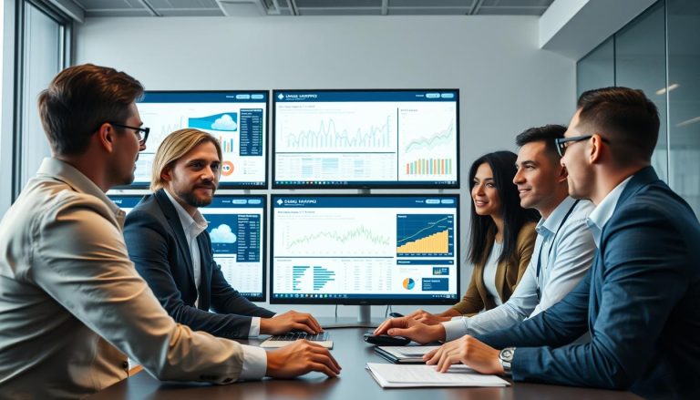 Business professionals analyzing cloud technology data on digital screens