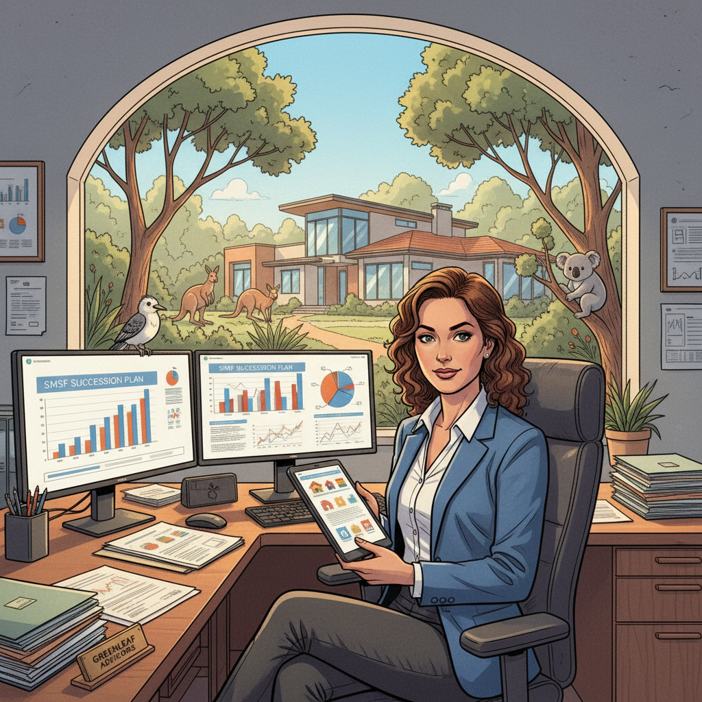 A detailed scene depicting a professional office environment, featuring a well-organized desk with financial documents and charts related to an SMSF succession plan. In the foreground, a confident professional, dressed in smart business attire, is analyzing a property portfolio on a tablet. In the middle ground, a large window reveals a sunny landscape with a modern Australian property, surrounded by lush greenery. In the background, cute Australian animals like kangaroos and koalas are subtly integrated into the scene, symbolizing a connection to nature and investment. Soft, natural lighting filters through the window, creating an inviting atmosphere with a sense of security and purpose. The composition emphasizes clarity and professionalism, capturing the essence of planning for the future.