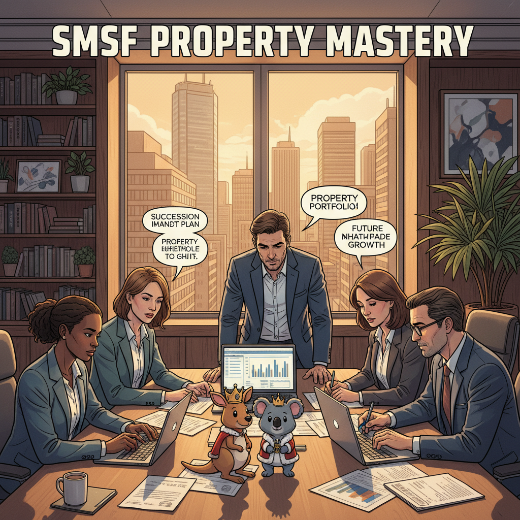 A professional office setting illustrates property allocation in self-managed super funds (SMSF). In the foreground, a diverse group of professionals in business attire examines property documentation and financial charts on a sleek conference table, some with laptops open. In the middle ground, a large window showcases a vibrant city skyline, bathed in warm afternoon sunlight, casting soft shadows. On the table, small figurines of cute Australian Kings, such as a kangaroo and a koala, add a touch of whimsy. The background features a modern bookshelf with financial books and unlit decorative plants, enhancing the professional atmosphere. The image conveys a mood of focus, collaboration, and strategic planning, capturing the essence of creating a robust SMSF succession plan that includes property assets.