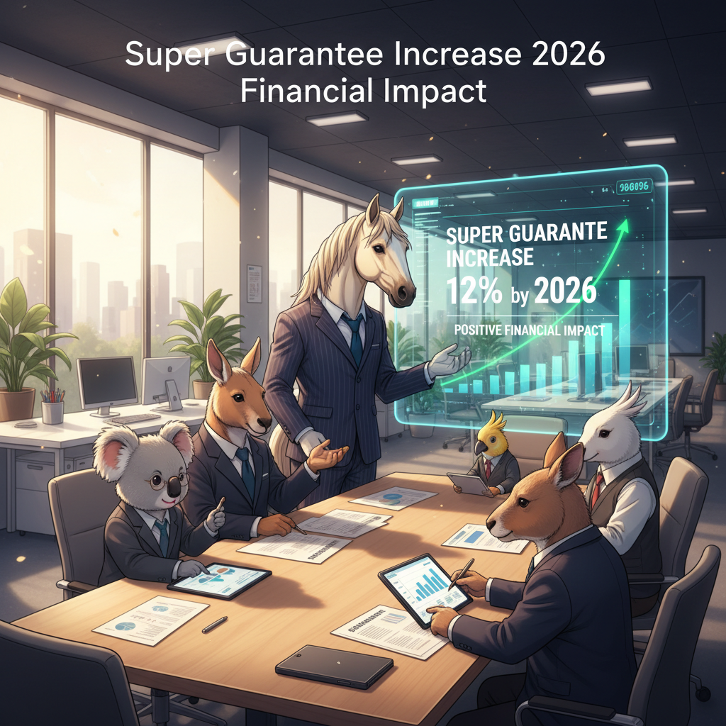 A visually engaging scene titled "Super Guarantee Increase 2026 Financial Impact," set within an Australian financial office. In the foreground, a group of adorable Australian animals, including a busy koala and a kangaroo in professional attire, analyze financial charts and documents at a sleek conference table. In the middle ground, a majestic horse, embodying confidence and authority, stands beside a large screen displaying upward-trending graphs and numerical data relevant to the super guarantee increase. The background features modern office elements, soft sunlight streaming through large windows, casting a warm glow on the scene. The atmosphere is professional yet friendly, blending elements of finance and Australian wildlife, creating an inviting but serious vibe. Use a slightly elevated angle to emphasize the animals' engagement with their financial tasks.